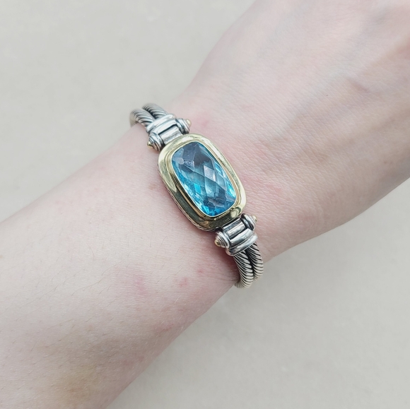 David Yurman Albion Elongated Double Cable Bracelet With Blue Topaz And Gold - Picture 9 of 13